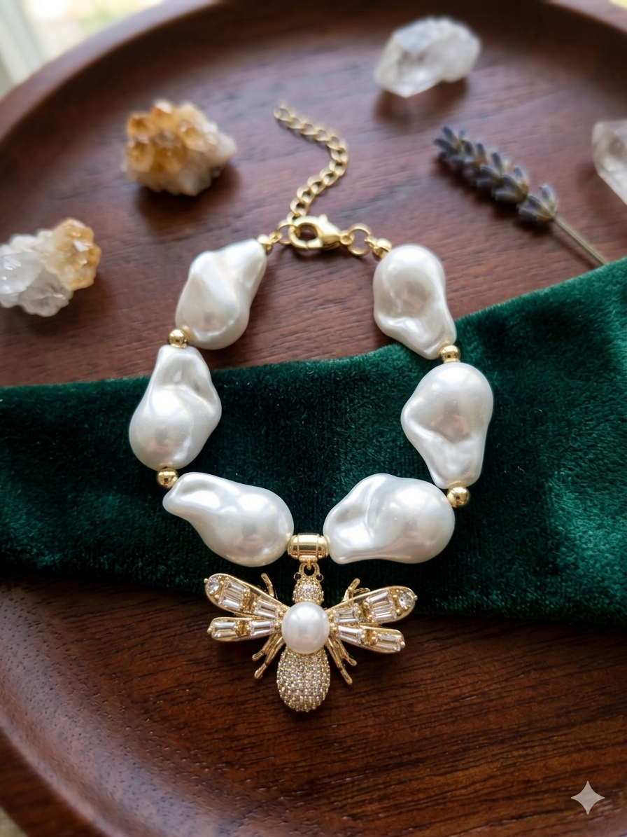 Pulsera en perla charm abeja. Baño 18k