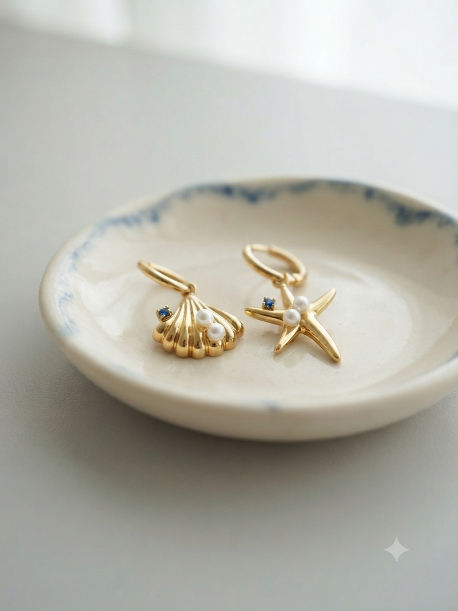 Aretes estrella y concha. Stailess steel