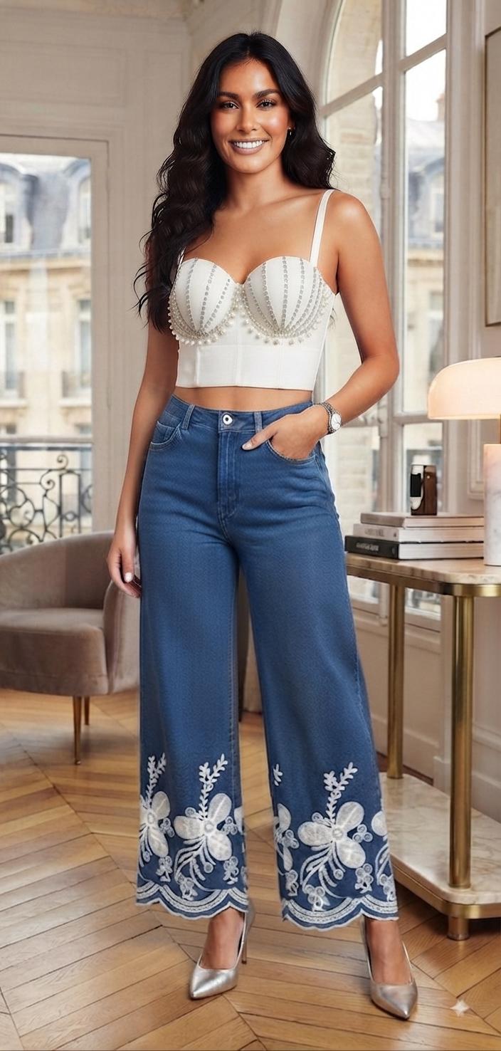 Crop top con detalles en perlas y diamantes